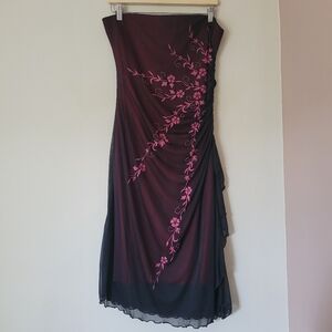 Vintage Y2K Burgundy Mesh Overlay Strapless Asymmetrical Fairy Goth Midi Dress